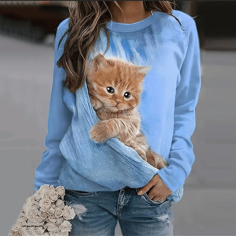 Loose Cat 3D Digital Printing Long Sleeve Crew Neck Sweater Women