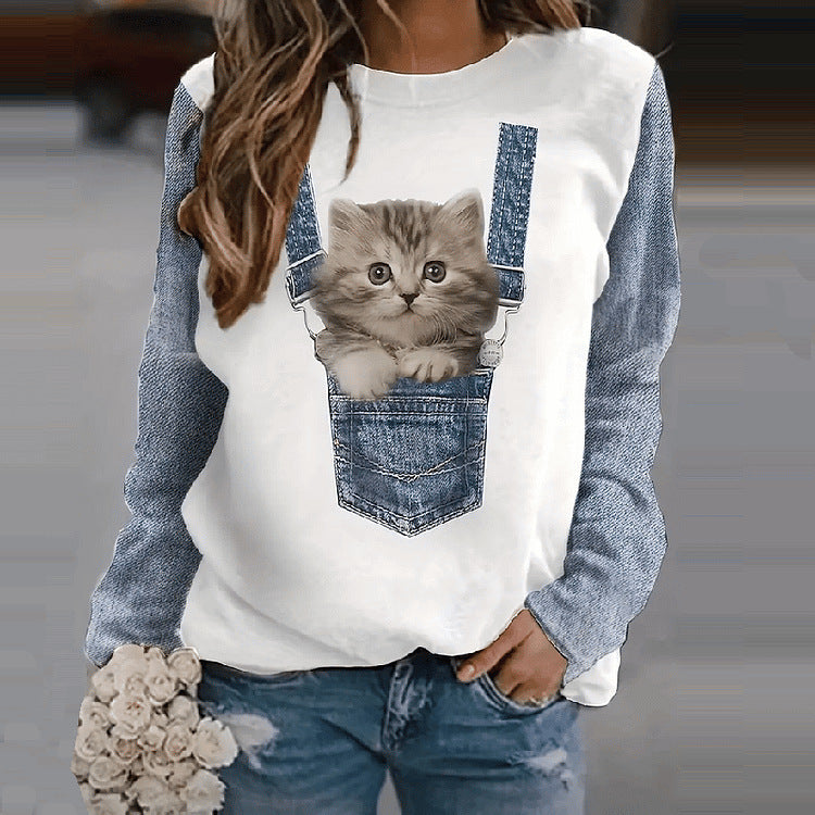 Loose Cat 3D Digital Printing Long Sleeve Crew Neck Sweater Women