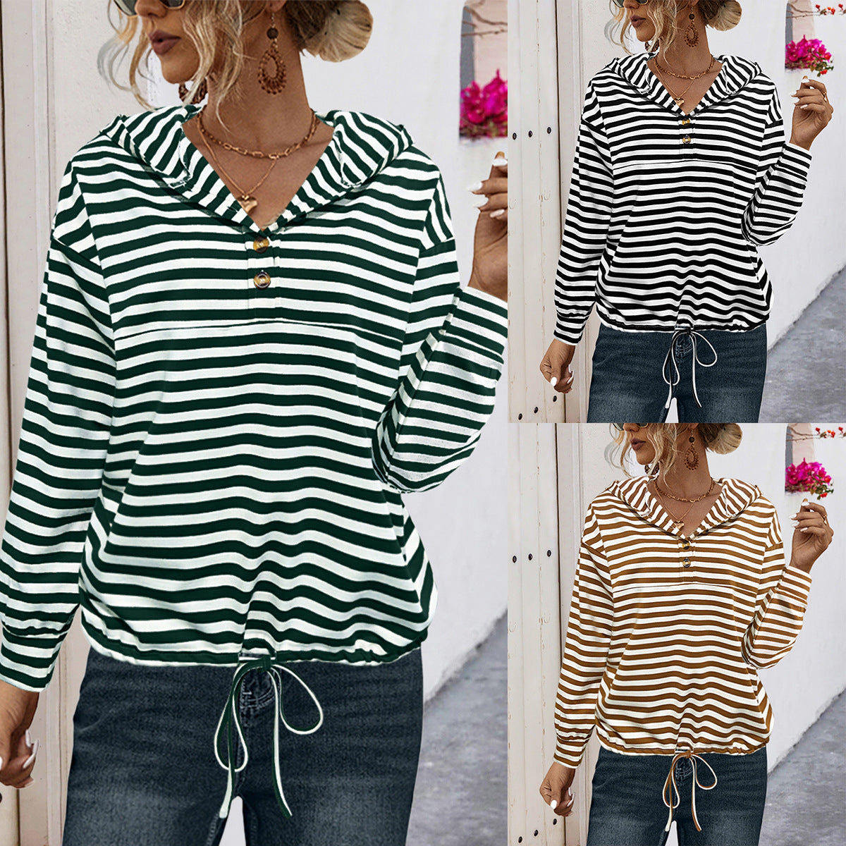 Button Striped Hooded Sweater For Women